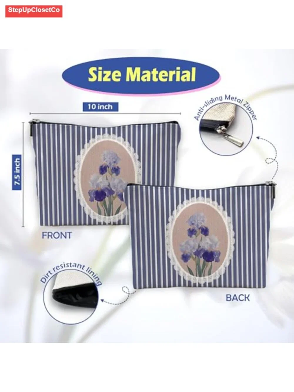 Floral Cosmetic Bag with Zipper, Linen Look Makeup Pouch, Travel Toiletry
